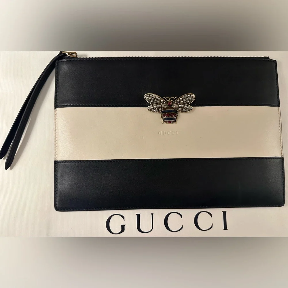 Gucci Striped Calfskin Queen Margaret Bee Clutch - Picture 2 of 7